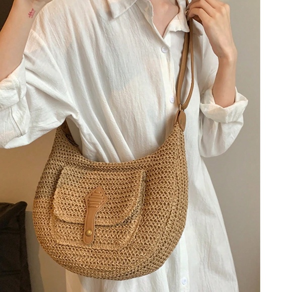 Boho Straw Lightweight High Capacity Pocket Shoulder Crossbody Bag - Picture 4 of 8
